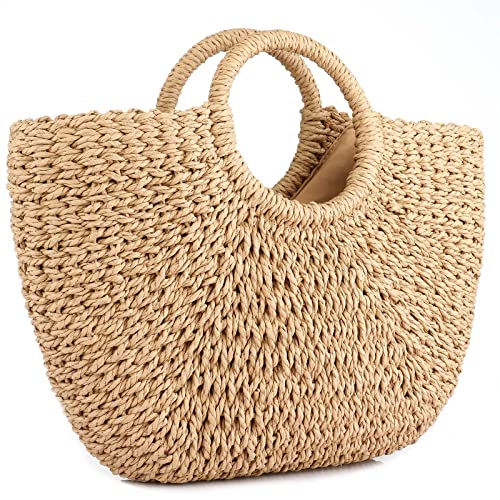 EROUGE Natural Chic Straw Bag Hand Woven Round Handle Handbags Retro Summer Beach Bag Beach Bag (Coyote brown)…