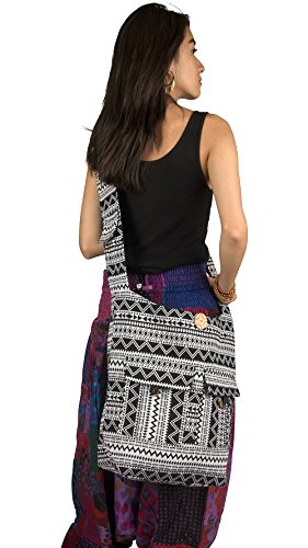 Tribe Azure Large Hobo Crossbody Sling Shoulder Bag Compartment Pockets Functional Zipper Travel Market Books Blanket (Black White)