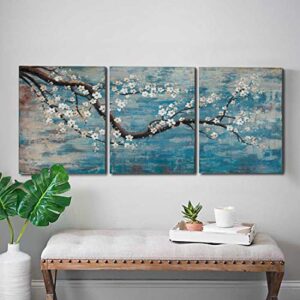 amatop 3 piece wall art hand-painted framed flower oil painting on canvas gallery wrapped modern floral artwork for living room bedroom décor teal blue lake ready to hang 12″x16″x3 panel