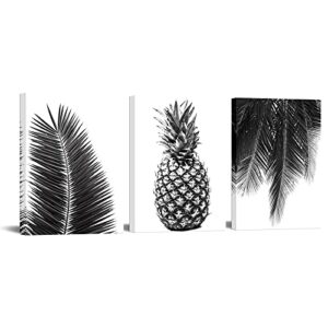 nachic wall – 3 piece black and white canvas wall art hawaii pineapple tropical leaves picture painting on canvas for bedroom bathroom wall decor stretched canvas wrapped ready to hang