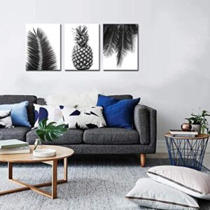 Nachic Wall - 3 Piece Black and White Canvas Wall Art Hawaii Pineapple Tropical Leaves Picture Painting on Canvas for Bedroom Bathroom Wall Decor Stretched Canvas Wrapped Ready to Hang