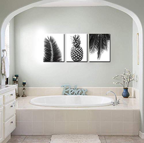 Nachic Wall - 3 Piece Black and White Canvas Wall Art Hawaii Pineapple Tropical Leaves Picture Painting on Canvas for Bedroom Bathroom Wall Decor Stretched Canvas Wrapped Ready to Hang