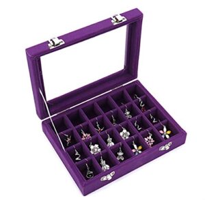 hivory velvet earring jewelry box – 24 grid small jewelry earring organizer box with snap button – earring holder for girls and teen, secure and travel friendly (purple)