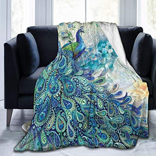 Peacock and Vintage Botanical Flannel Fleece Blanket Ultra Soft Cozy Warm Throw Lightweight Blanket Microfleece Blanket for Home (Peacock and Vintage Botanical, 50" x40")