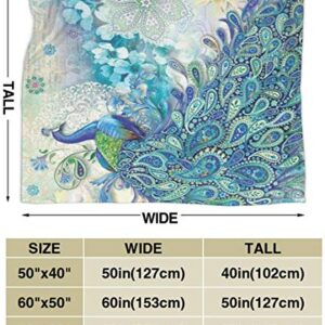 Peacock and Vintage Botanical Flannel Fleece Blanket Ultra Soft Cozy Warm Throw Lightweight Blanket Microfleece Blanket for Home (Peacock and Vintage Botanical, 50" x40")