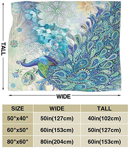 Peacock and Vintage Botanical Flannel Fleece Blanket Ultra Soft Cozy Warm Throw Lightweight Blanket Microfleece Blanket for Home (Peacock and Vintage Botanical, 50" x40")