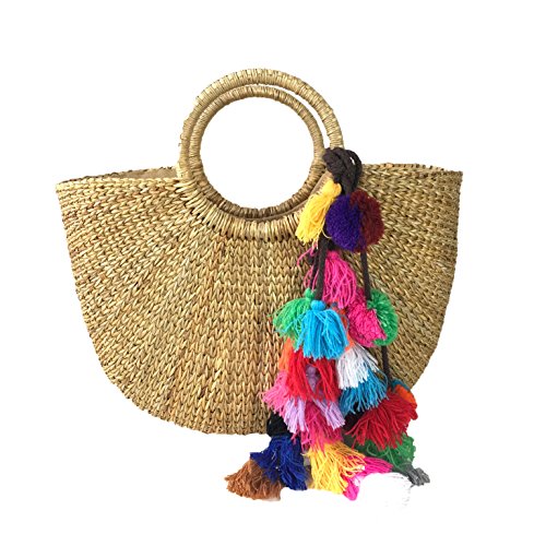 Blue Island Bali Straw Market Tote w Oversized Tassels, Natural