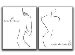 abstract minimalist”relax, unwind” wall decor – set of 2-8″x10″ unframed prints – modern, minimal, black and white line art – female figure silhouette – bathroom wall decor