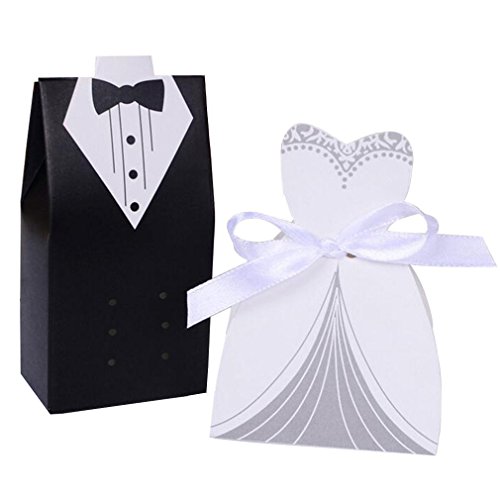 Rbenxia Wholesale Wedding Favors Wedding Party Favor Boxes Creative Tuxedo Dress Groom Bridal Candy Gift Box with Ribbon 100pcs