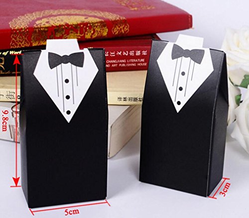 Rbenxia Wholesale Wedding Favors Wedding Party Favor Boxes Creative Tuxedo Dress Groom Bridal Candy Gift Box with Ribbon 100pcs