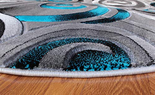 Masada Rugs, Turquoise Grey Modern Contemporary Woven Round Area Rug, Hand Carved (5 Feet 6 Inch X 5 Feet 6 Inch) Round, Turquoise