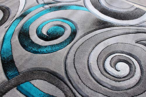 Masada Rugs, Turquoise Grey Modern Contemporary Woven Round Area Rug, Hand Carved (5 Feet 6 Inch X 5 Feet 6 Inch) Round, Turquoise