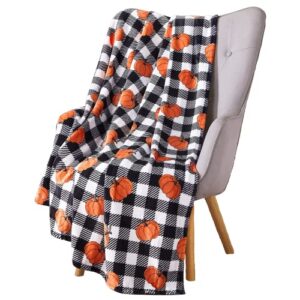 fall decor throw blanket: modern farmhouse country black and white check with orange pumpkins for living room couch bed chair dorm