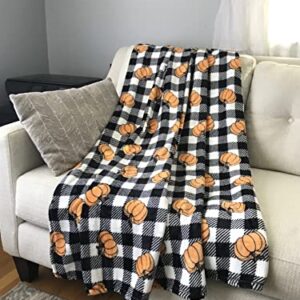 Fall Decor Throw Blanket: Modern Farmhouse Country Black and White Check with Orange Pumpkins for Living Room Couch Bed Chair Dorm