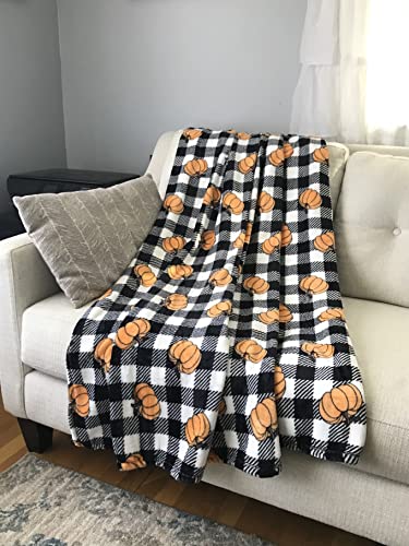 Fall Decor Throw Blanket: Modern Farmhouse Country Black and White Check with Orange Pumpkins for Living Room Couch Bed Chair Dorm