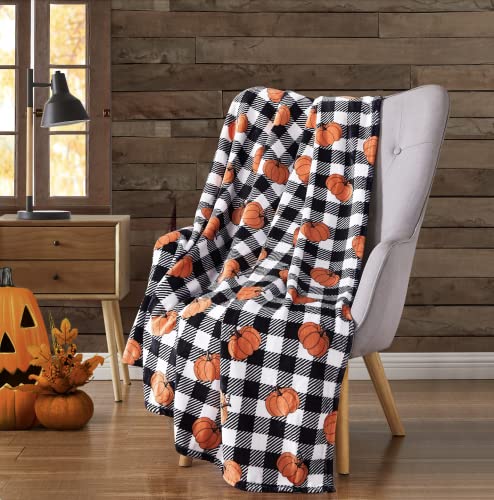 Fall Decor Throw Blanket: Modern Farmhouse Country Black and White Check with Orange Pumpkins for Living Room Couch Bed Chair Dorm