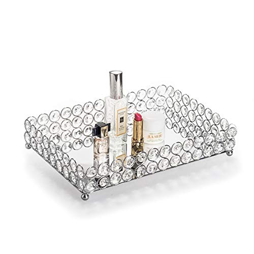 Feyarl Crystal Vanity Makeup Perfume Tray Ornate Jewelry Trinket Organizer Cosmetic Decorative Tray Skin Care Storage for Home Dressing Table Wedding Decoration(Rectangle 12" x 8") (Silver)