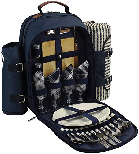 Picnic Backpack for 4 | Picnic Basket | Stylish All-in-One Portable Picnic Bag with Complete Cutlery Set, Stainless Steel S/P Shakers | Picnic Blanket Waterproof Extra Large| Cooler Bag for Camping