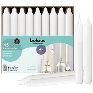 bolsius white household candles bulk pack 45 count – unscented dripless 7 inch dinner candlesticks – 6+ hours burn time – premium european quality – consistent smokeless flame – 100% cotton wick