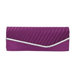 elegant pleated satin & crystal flap clutch evening bag, purple