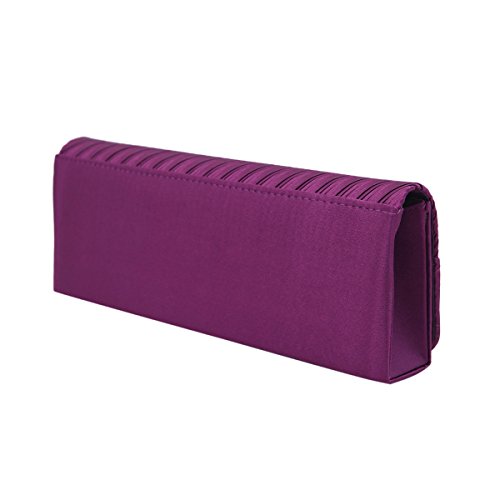 Elegant Pleated Satin & Crystal Flap Clutch Evening Bag, Purple