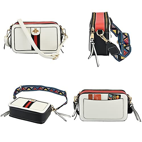 Beatfull Designer Bee Crossbody Purse for Women PU Leather Shoulder Handbag with Black-Red StripsCamera Clucth (white)