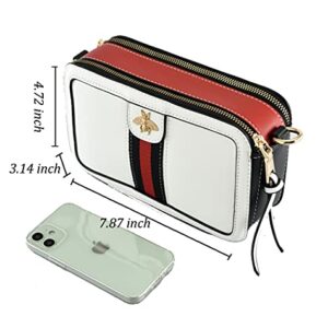 Beatfull Designer Bee Crossbody Purse for Women PU Leather Shoulder Handbag with Black-Red StripsCamera Clucth (white)