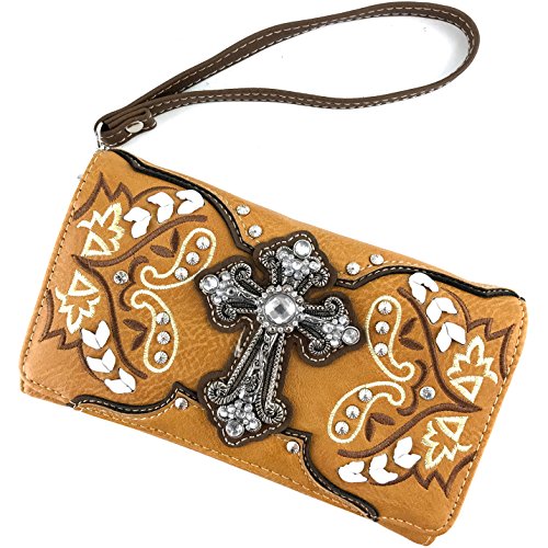 Justin West Western Concealed Carry Bohemian Cross Paisley Weaved Leather Embroidery Flower Leaf Tote | Handbag | Messenger | Trifold Wallet (Tan Tote & Wallet Set)