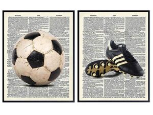 vintage soccer ball and shoes upcycled dictionary wall art print set of 2-8×10 photos – home decor for gym, workout or game room, boys, girls kids bedroom – unique gift for futbol fan, coach