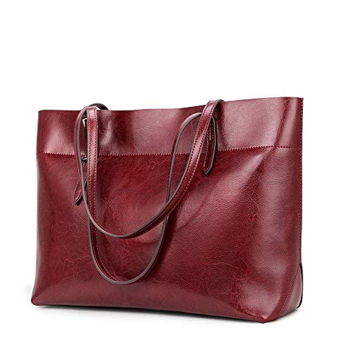 Kattee Vintage Genuine Leather Tote Shoulder Bag for Women Satchel Handbag with Top Handles (1-Red)