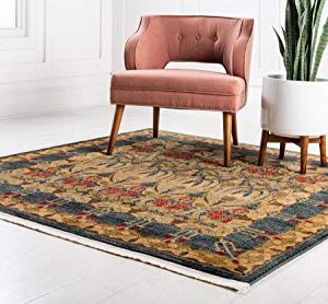 Unique Loom Edinburgh Collection Classic Oriental Traditional French Country Inspired Border Design Area Rug, 8' 0" x 8' 0", Blue/Beige