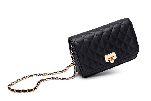 HAKSIM Women Black Quilted Purse Lattice Clutch Small Crossbody Shoulder Bag with Chain Strap Leather