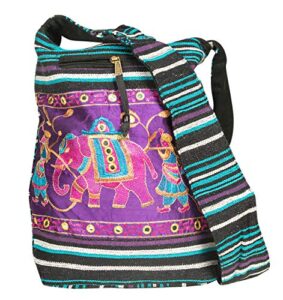 tribeazure elephant hobo shoulder bag cotton sling crossbody handbag boho hippie books market spacious colorful roomy casual (majestic purple)