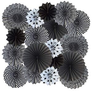 18pcs party hanging paper fans set black white round paper fans decorative pattern folding fans halloween hanging paper fan garlands for halloween birthday wedding graduation events accessories