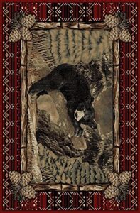 mayberry rugs rustic lodge pine black bear cub log 2’x3′ area rug, 2’3″x3’3″