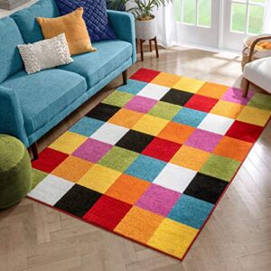 well woven starbright bright square modern geometric multi 5′ x 7′ kids area rug, multicolor