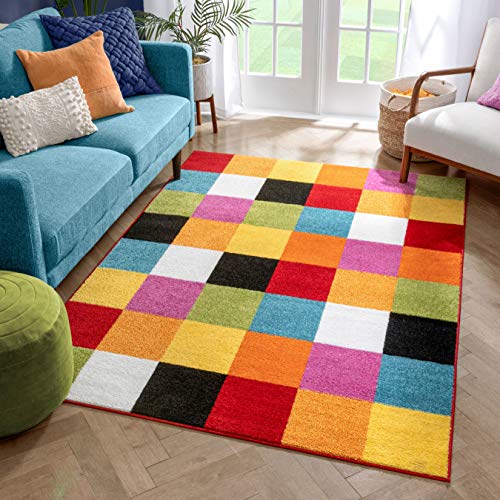 Well Woven StarBright Bright Square Modern Geometric Multi 5' x 7' Kids Area Rug, Multicolor