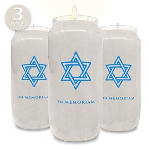 ner mitzvah 7 day memorial candles, 3 pack – plastic jar with star of david – 6” tall pillar candles for religious, prayer, party decor, vigil and emergency use