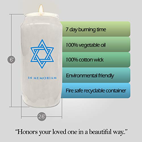 Ner Mitzvah 7 Day Memorial Candles, 3 Pack - Plastic Jar with Star of David - 6” Tall Pillar Candles for Religious, Prayer, Party Decor, Vigil and Emergency Use