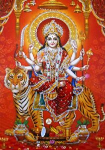 crafts of india best of indian crafts store goddess durga poster/reprint hindu goddess sheran wali mata picture with glitter (unframed : size 5″x7″ inches)