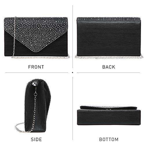 Dasein Women Satin Evening Bag Rhinestone Clutch Purse Wedding Prom Purse Formal Cocktail Party Handbag (Black)