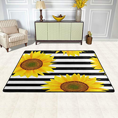 AGONA Modern Area Rug 2x3 Sunflowers On Striped Black White Rugs Soft Indoor Floor Carpet, No-Shedding Non-Slip Rectangle Mat for Living Room Entryway Bedroom Dormitory