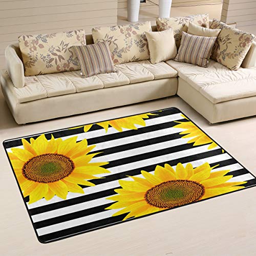 AGONA Modern Area Rug 2x3 Sunflowers On Striped Black White Rugs Soft Indoor Floor Carpet, No-Shedding Non-Slip Rectangle Mat for Living Room Entryway Bedroom Dormitory