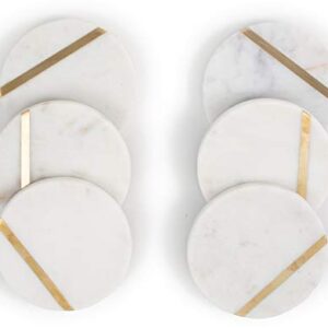 Cork & Mill Marble Coasters for Drinks - Set of 6 Handcrafted Modern Coasters - 4" Wide Drink Coasters - White Marble Coasters with Gold Brass Inlay - Made from Real Solid Marble