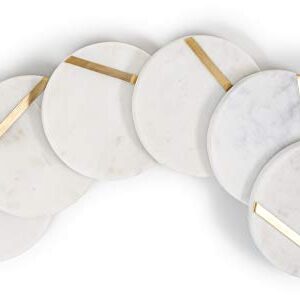 Cork & Mill Marble Coasters for Drinks - Set of 6 Handcrafted Modern Coasters - 4" Wide Drink Coasters - White Marble Coasters with Gold Brass Inlay - Made from Real Solid Marble