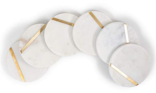 Cork & Mill Marble Coasters for Drinks - Set of 6 Handcrafted Modern Coasters - 4" Wide Drink Coasters - White Marble Coasters with Gold Brass Inlay - Made from Real Solid Marble