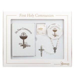 white and gold 5 piece communion set rosary box pin book scapular