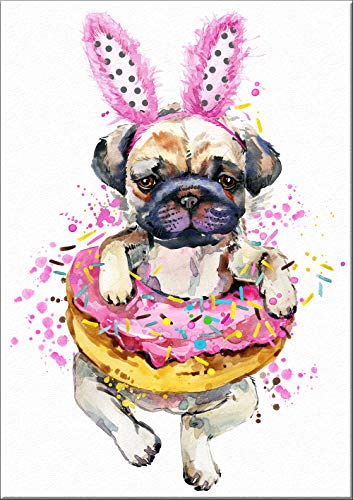 7Dots Art. Fun Popcorn, Donuts and Lollipops Dogs. Watercolor Art Print, Poster 8"x10" on Fine Art Thick Watercolor Paper for Living Room, Bedroom, Bathroom. Funny Wall Art Decor. (Pug dog3)
