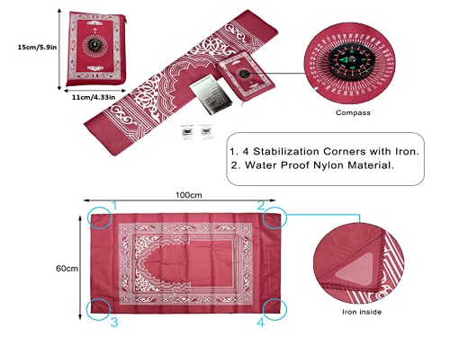 Anlising 4 Pieces Portable Travel Prayer Mat with Compass, Waterproof Polyester Prayer Rug, Muslim Travel Prayer Mat, for Ramadan Gifts (60cm×100cm)
