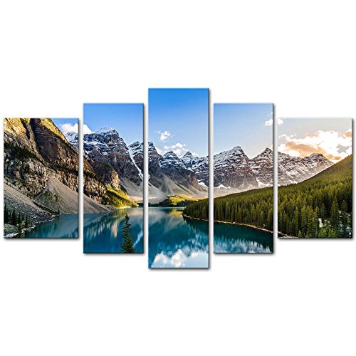 Wall Art Decor Poster Painting On Canvas Print Pictures 5 Pieces Moraine Lake And Mountain Range Sunset Canadian Rocky Mountains Landscape Framed Picture For Home Decoration Living Room Artwork